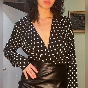 parisian tall long sleeve wrap polka dot v-neck bodysuit
